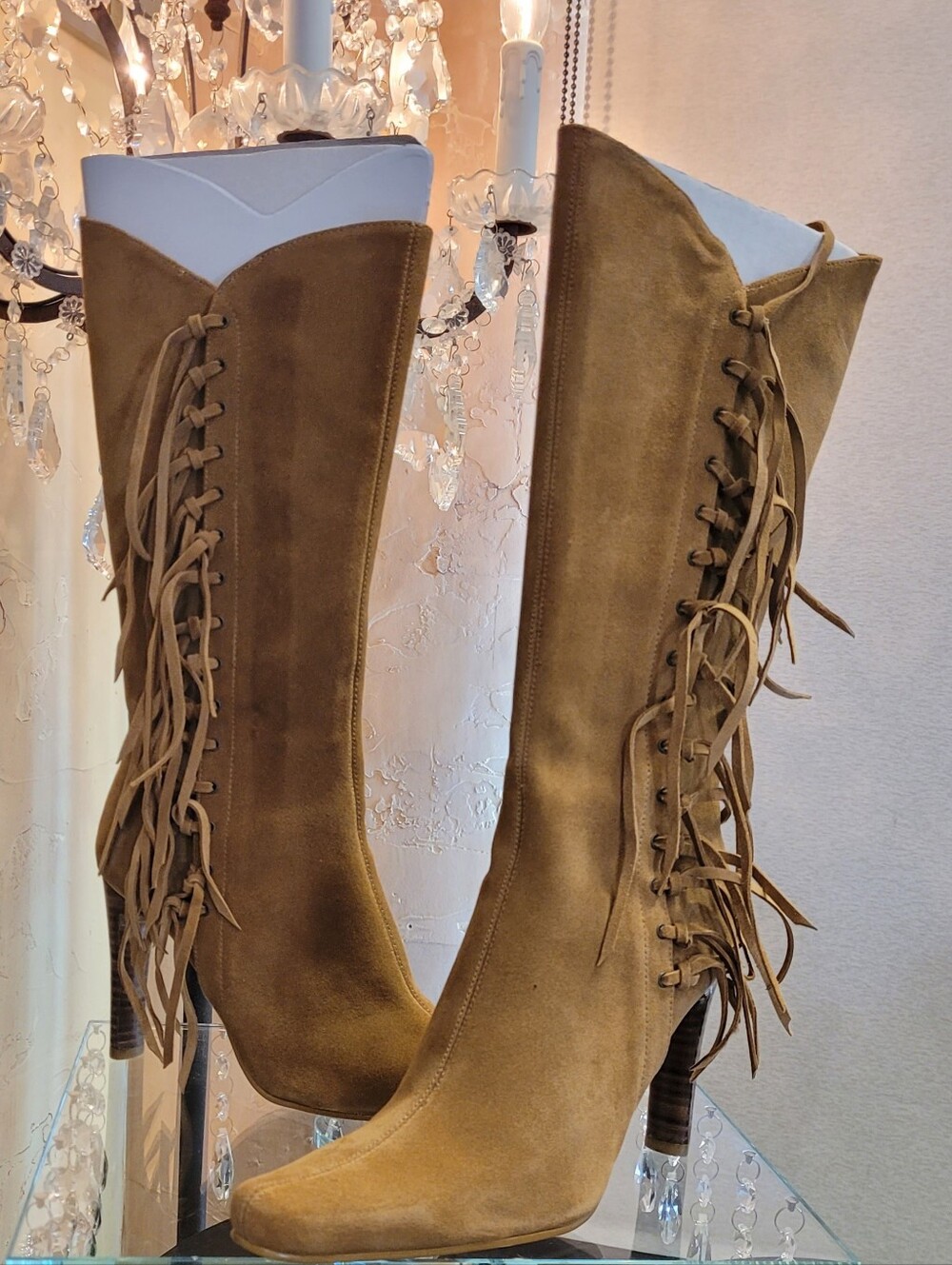 MIA Tan Suede Fringed Tall Western Boots. Y2K Size 6.5 Stiletto Heels 4in